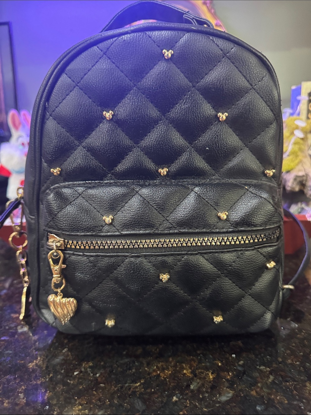 Black Quilted Mini Backpack with Gold Mickey Mouse Accents